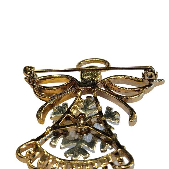 Vintage Angel Snowflake Brooch Gold Tone Rhinestone & Faux Pearl Christmas Pin - Picture 3 of 7